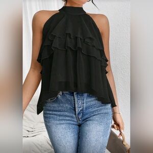 New Flirty Layered Sheer Ruffle Halter Top Blouse Black